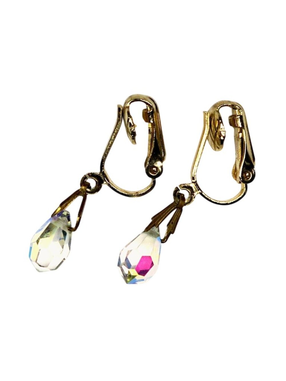 Vintage Aurora Borealis Teardrop Clip-On Earrings – Rhinestone Dangle, Gold Tone - Picture 2 of 4